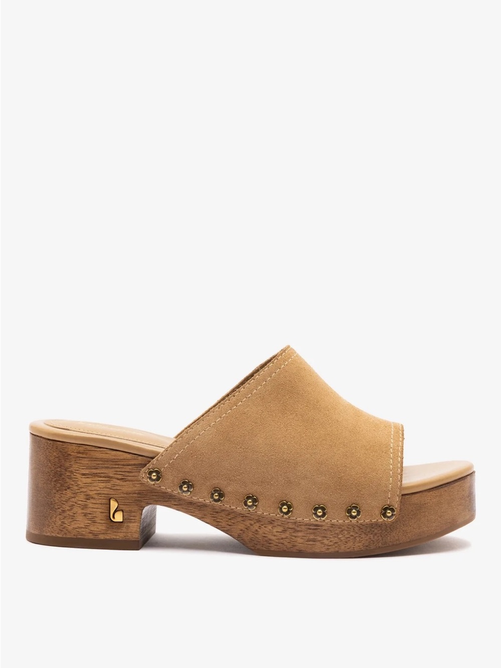 Larroude Tan Suede Platform Clog Mule with Stud Accents - Picture 2 of 2